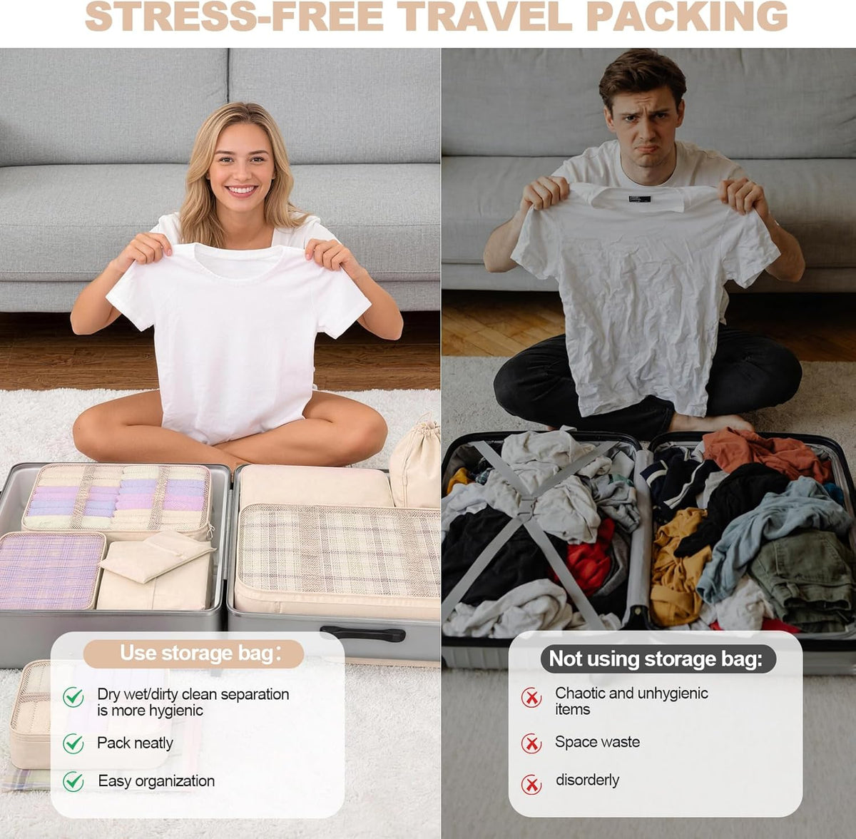 8 Set Packing Cubes for Travel, Suitcase Organizer Bags for Luggage (Cream)