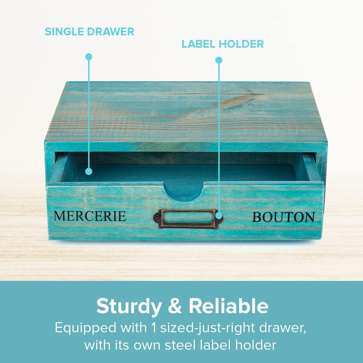 Turquoise Single Drawer Unit - European Country Style Desk Organizer Box - 9.7x7x2.6 Teal Wooden Stackable Drawer - Countertop Organizer Drawer w/Label Holder - Single Monitor Shelf