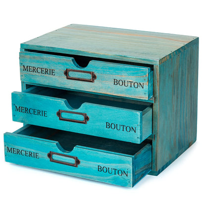 Turquoise Single Drawer Unit - European Country Style Desk Organizer Box - 9.7x7x2.6 Teal Wooden Stackable Drawer - Countertop Organizer Drawer w/Label Holder - Single Monitor Shelf