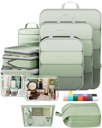Veken 9/11 Set Compression Packing Cubes for Cruise Travel Essentials,Compressible Expandable Luggage Suitcase Organizer Bags for Clothing,Space Saver Bags with Over 1000 pcs of Mesh Holes(Beige)