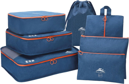 Blue Drifter 7 Set Packing Cubes for Travel, Suitcase Organizer Bags for Carry On Luggage, Luggage Organizer Bags with Toiletry Bag, Shoe Bag & Laundry Bag, Travel Essentials for Men & Women