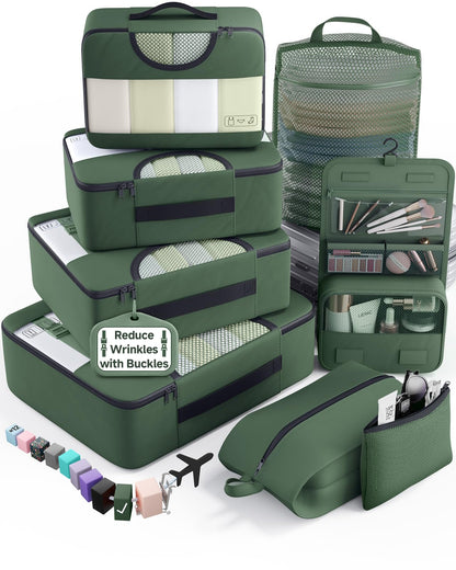 Veken 10 Set/8 Set Packing Cubes for Travel Essentials,Anti-Wrinkle Buckled Suitcase Organizer for Shoe & Toiletry Bag,Carry On Luggage Bag for Airplane & College Dorm Room Accessories,Women Men Gifts