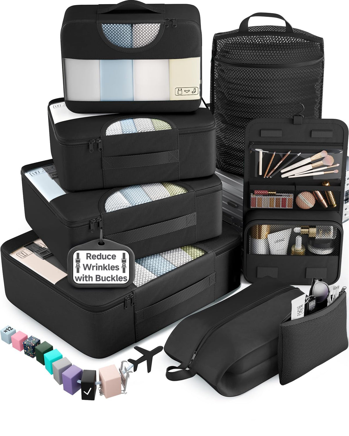 Veken 10 Set/8 Set Packing Cubes for Travel Essentials,Anti-Wrinkle Buckled Suitcase Organizer for Shoe & Toiletry Bag,Carry On Luggage Bag for Airplane & College Dorm Room Accessories,Women Men Gifts