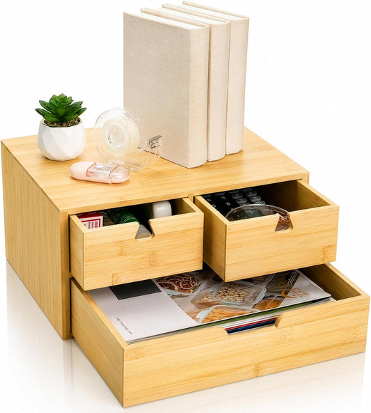 DEAYOU Bamboo Desk Organizer, 100% Natural Bamboo Desktop Drawer Organizer, Tabletop Storage Cabinet Organization Box with 3 Drawers for Home Office Supplies, Makeup, Letter, 2-Layer, Fully Assembled