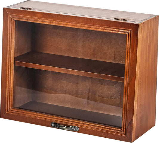2-Tier Mini Display Cabinet - Wooden Storage Display Organizer with Dust Free Door - Bi-Level Rack & Wood Storage Box for Desk, Table Top or Counter Display - Small Organizing Cabinet for Desktop