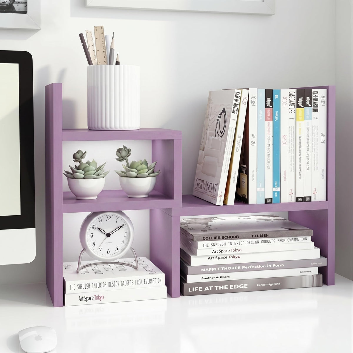 Jerry & Maggie Desktop Organizer Office Storage Rack Adjustable Wood Display Shelf, White, 5 Units, 16"L x 15.8"H x 6.8"W