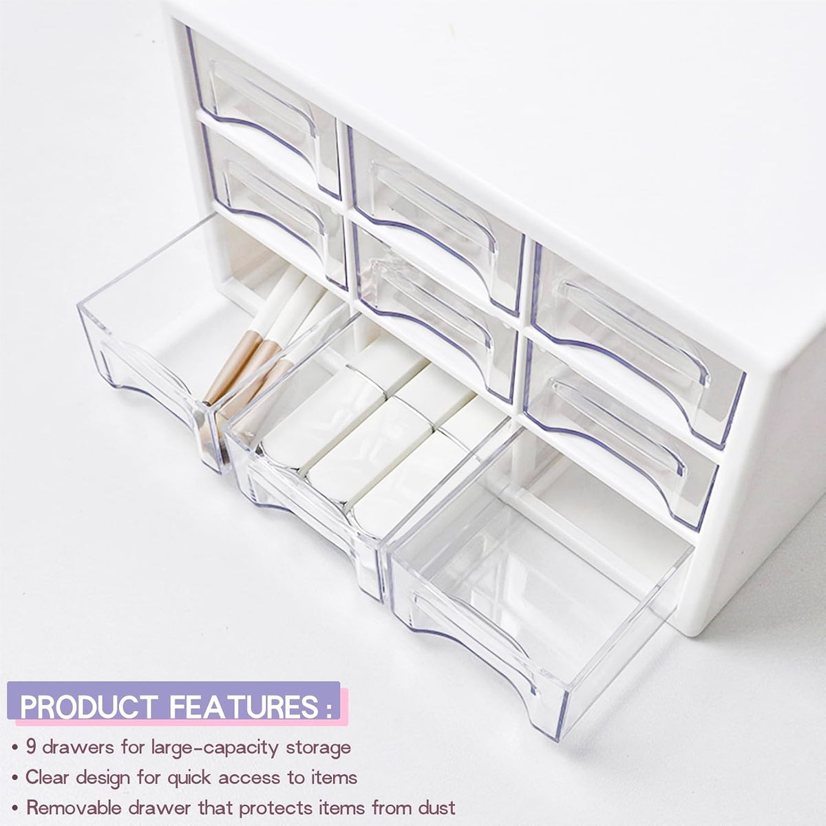 Stackable Desk Organizer with 9 Drawers, Clear Storage Box, White