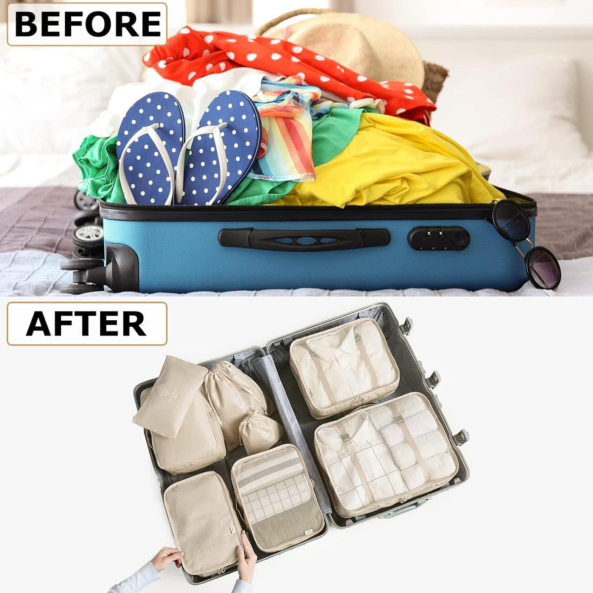 LANSKLBD 6/8 Set Packing Cubes for Suitcases Travel Luggage Packing Organizers,Travel Accessories Essentials Luggage Organizer with Shoe/Tioletry/Laundry Bag (Beige, 8 set)