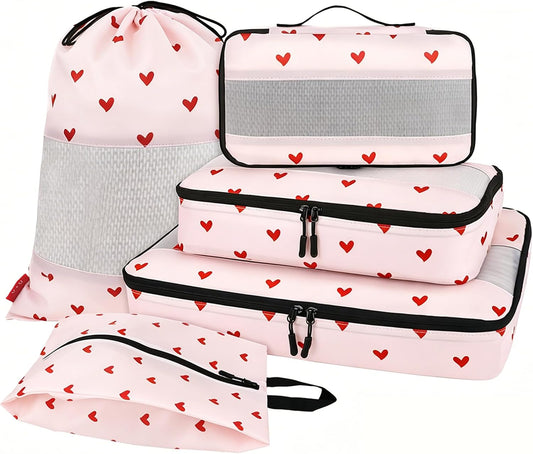 U+U 5 Set Packing Cubes, Travel Organizers with Shoe Bag (Sweetheart Pink)
