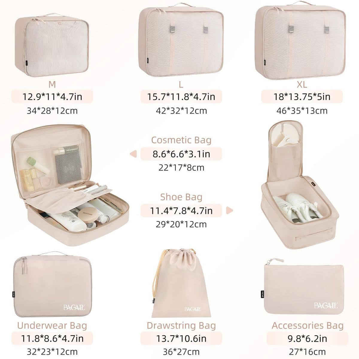 BAGAIL 8 Set Packing Cubes Luggage Packing Organizers for Travel Accessories-Cream
