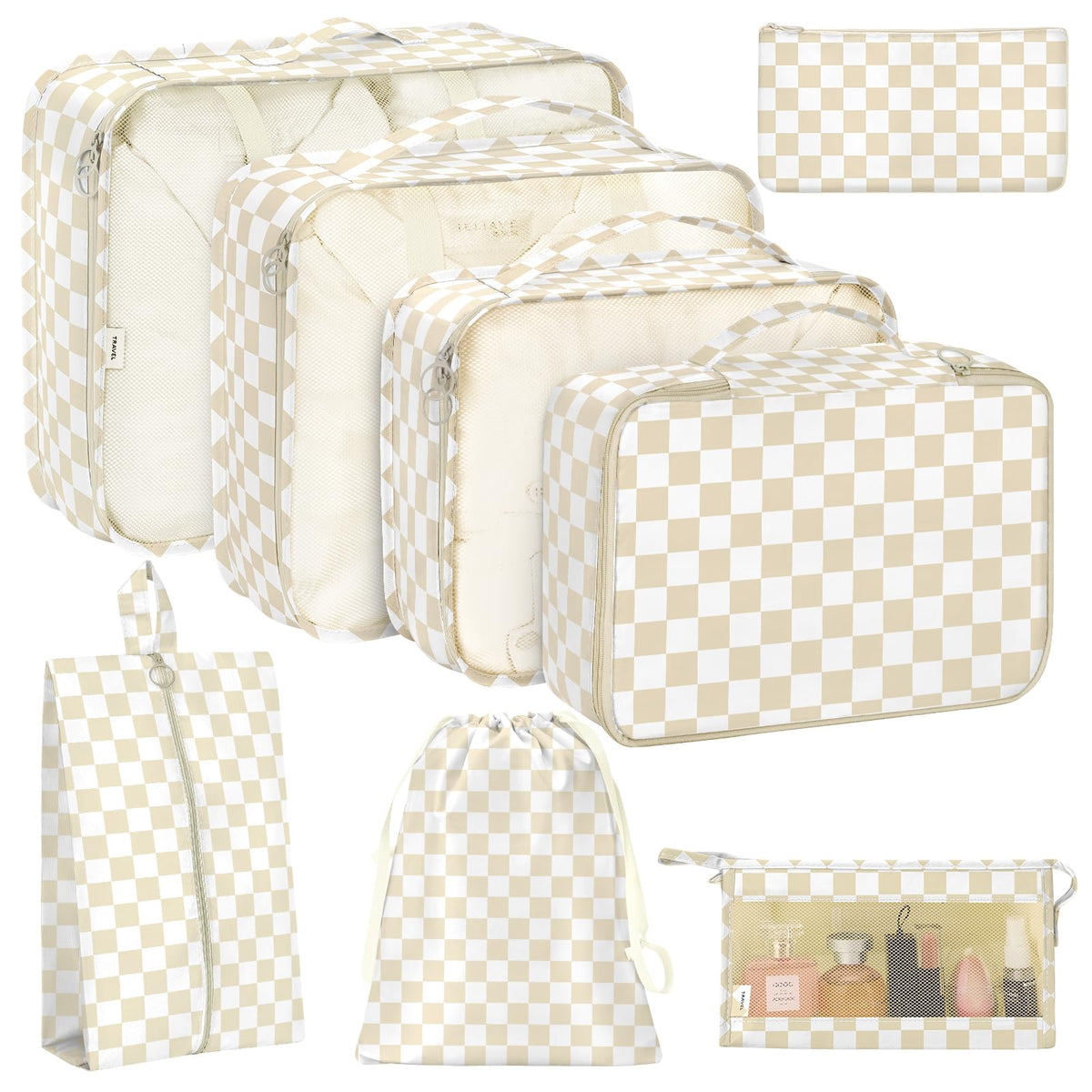 KPX 8 Set Packing Cubes for Travel, Luggage Packing Organizers Accessories Large Toiletries Bag for Clothes Shoes Cosmetics (8Set-Pink Bow)