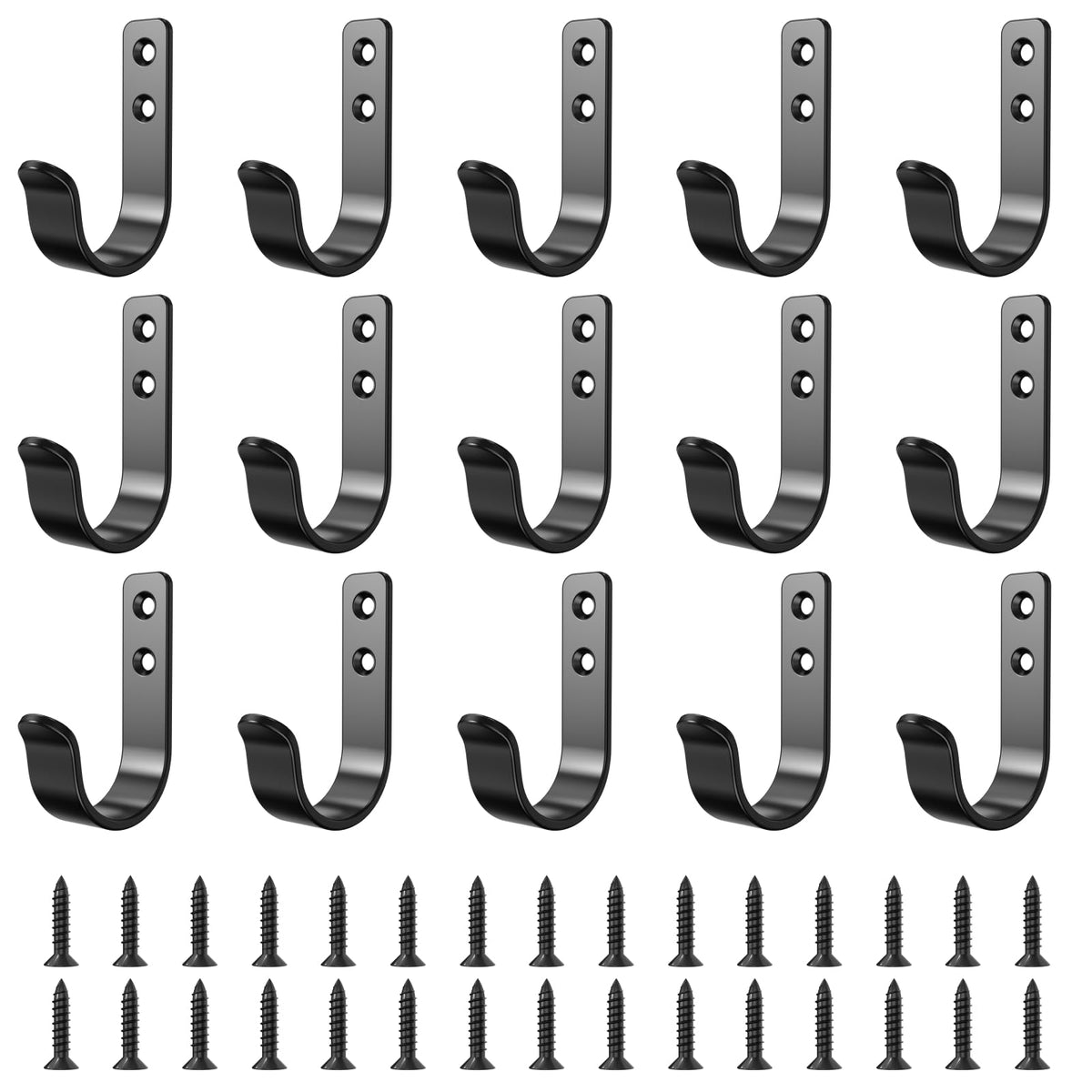 15-Pack Black Wall Mount Hooks for Hanging Coats & Towels