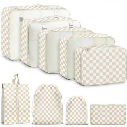 9 Set Packing Cubes for Travel Essentials - Lightweight Carry-On Luggage Organizer Bags with Shoe, Clothes & Laundry Bags for Airplane, Family & Business Travel, Pink leopard print