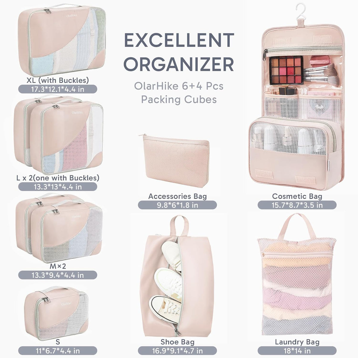 10 Set Packing Cubes for Travel, Gifts for Women Mom,Anti-Tearing Suitcase Organizer for Luggage with Shoe & Hanging Toiletry Bag,OlarHike Vacation Essentials & Accessories for Cruise Ship