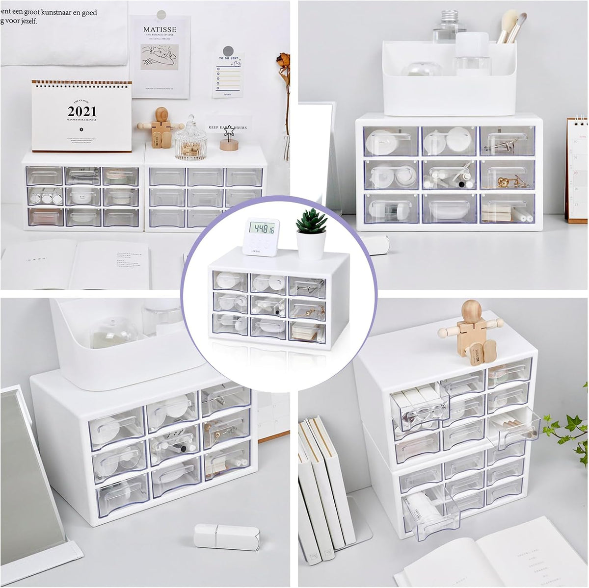 Stackable Desk Organizer with 9 Drawers, Clear Storage Box, White