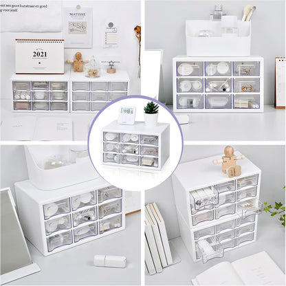 Stackable Desk Organizer with 9 Drawers, Clear Storage Box, White