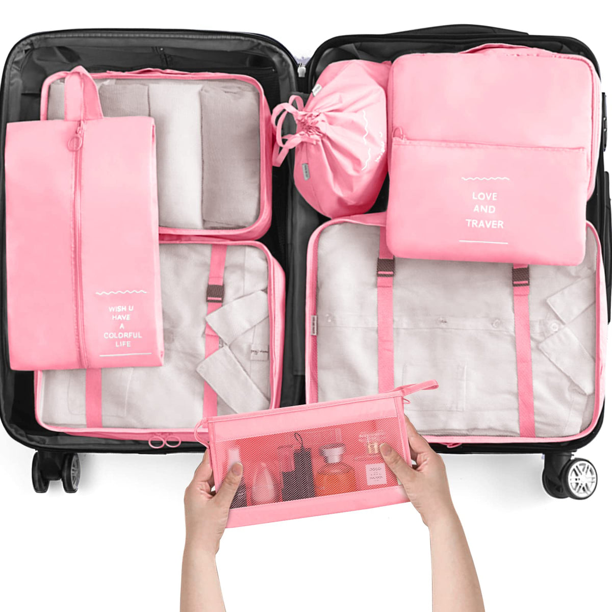 KPX 8 Set Packing Cubes for Travel, Luggage Packing Organizers Accessories Large Toiletries Bag for Clothes Shoes Cosmetics (8Set-Pink Bow)