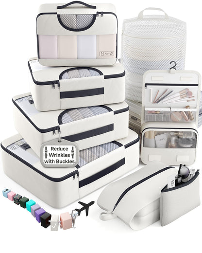 Veken 10 Set/8 Set Packing Cubes for Travel Essentials,Anti-Wrinkle Buckled Suitcase Organizer for Shoe & Toiletry Bag,Carry On Luggage Bag for Airplane & College Dorm Room Accessories,Women Men Gifts