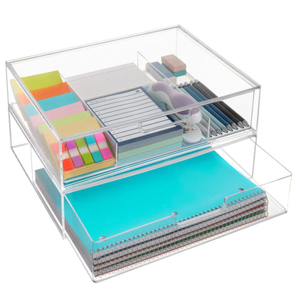 STORi STAX Plastic Stackable Organizer Drawers (Set of 2) Clear | 12.5" Wide | Set Includes Two Open Drawer | Organize Office Desk Accessories & Sort Paper | Made in USA