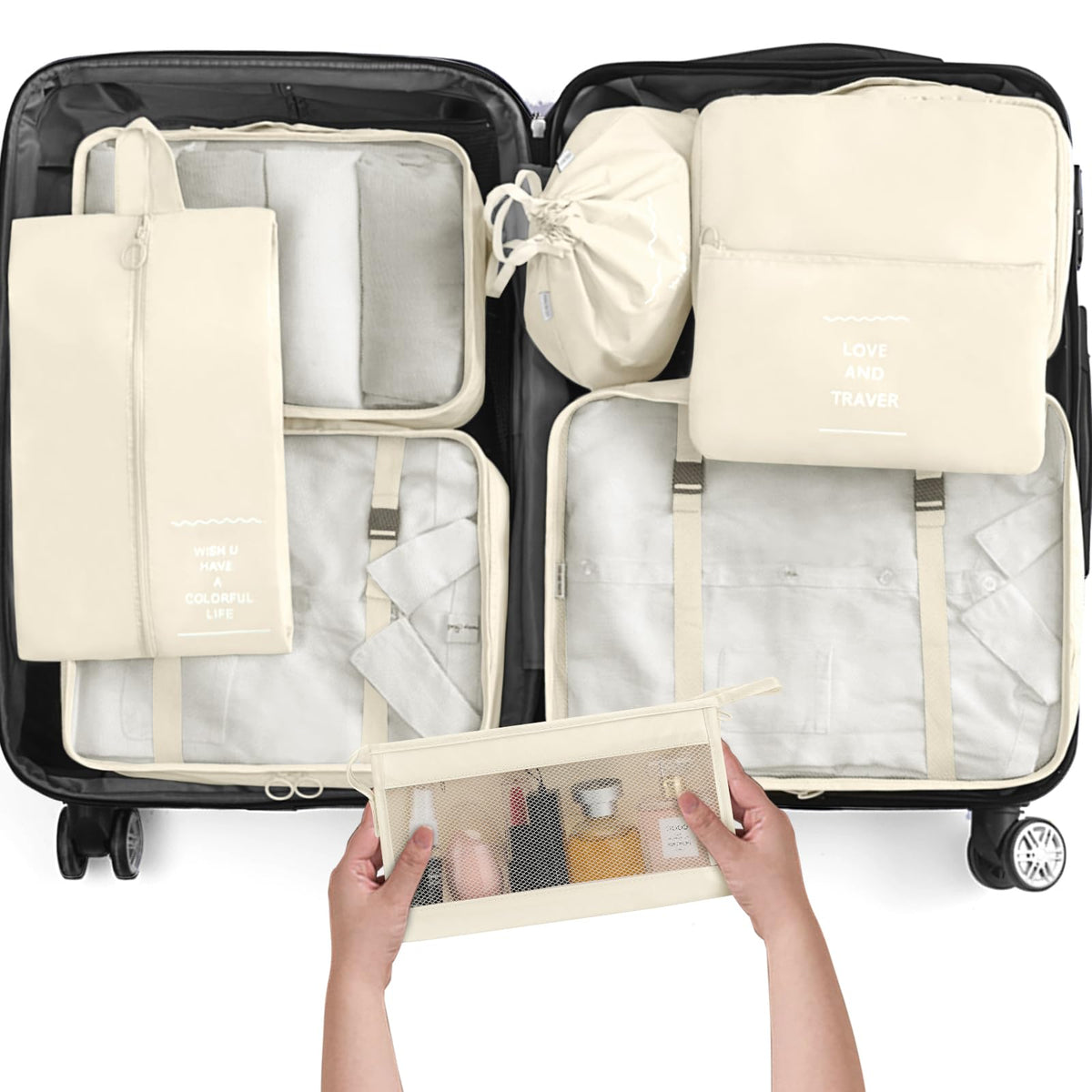KPX 8 Set Packing Cubes for Travel, Luggage Packing Organizers Accessories Large Toiletries Bag for Clothes Shoes Cosmetics (8Set-Pink Bow)