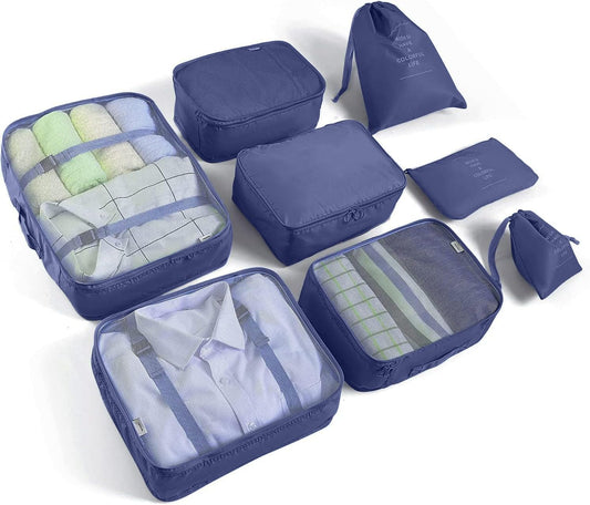 LANSKLBD 6/8 Set Packing Cubes for Suitcases Travel Luggage Packing Organizers,Travel Accessories Essentials Luggage Organizer with Shoe/Tioletry/Laundry Bag (Dark Blue, 8 set)