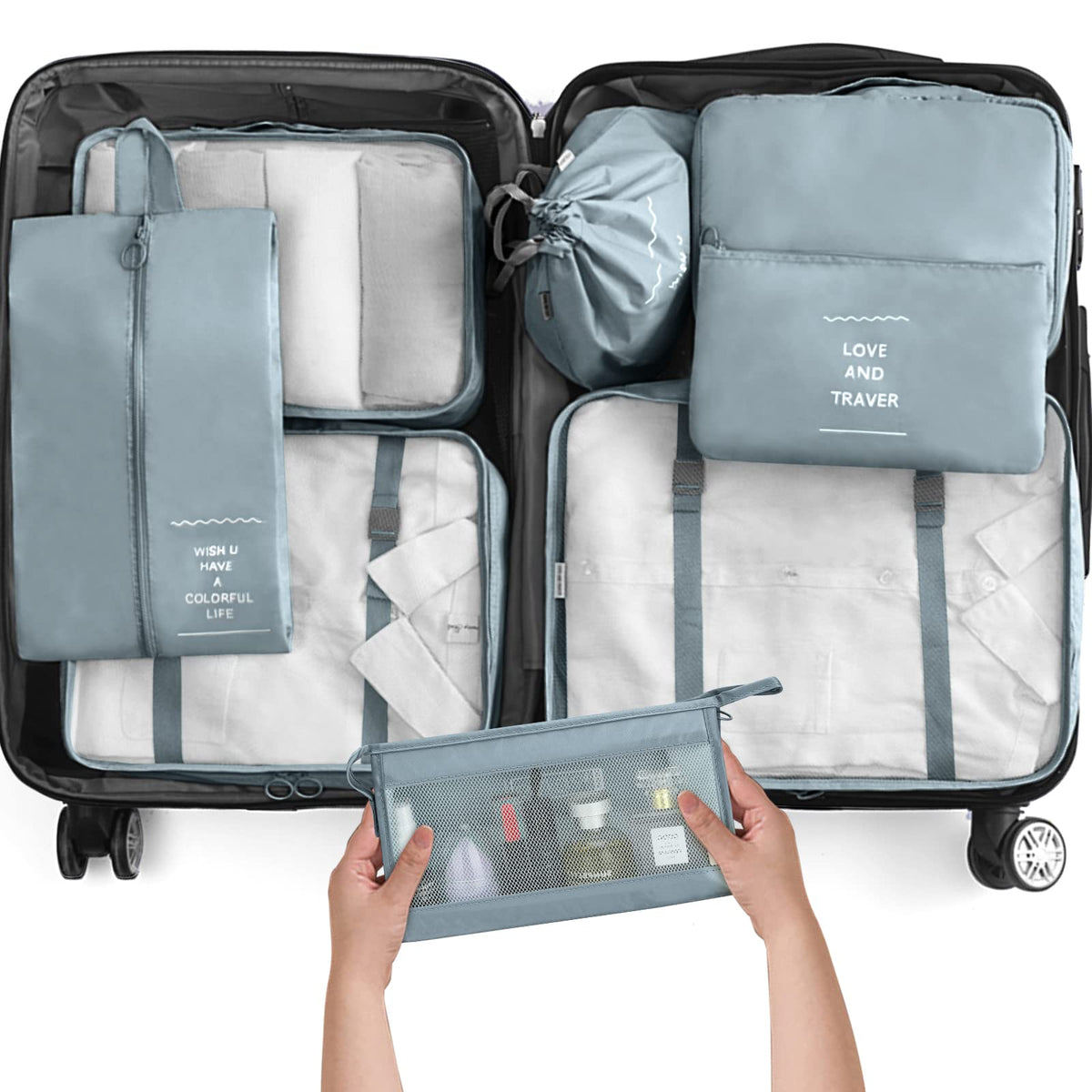 KPX 8 Set Packing Cubes for Travel, Luggage Packing Organizers Accessories Large Toiletries Bag for Clothes Shoes Cosmetics (8Set-Pink Bow)