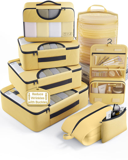 Veken 10 Set/8 Set Packing Cubes for Travel Essentials,Anti-Wrinkle Buckled Suitcase Organizer for Shoe & Toiletry Bag,Carry On Luggage Bag for Airplane & College Dorm Room Accessories,Women Men Gifts