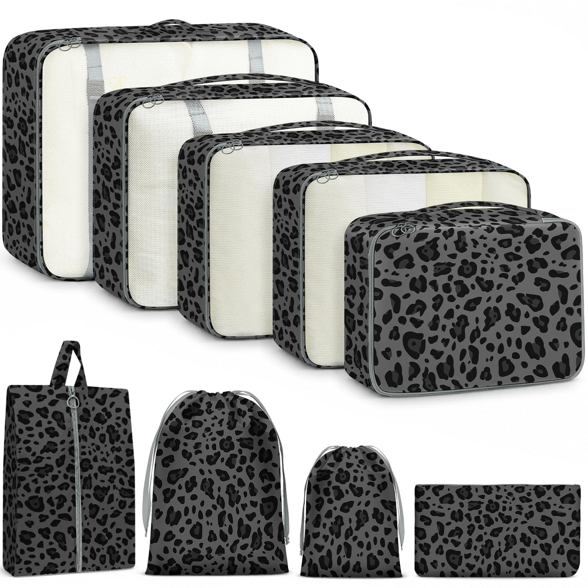 9 Set Packing Cubes for Travel Essentials - Lightweight Carry-On Luggage Organizer Bags with Shoe, Clothes & Laundry Bags for Airplane, Family & Business Travel, Pink leopard print