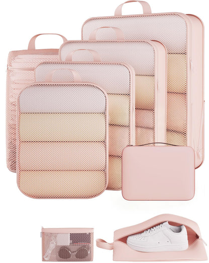 Veken 9/11 Set Compression Packing Cubes for Cruise Travel Essentials,Compressible Expandable Luggage Suitcase Organizer Bags for Clothing,Space Saver Bags with Over 1000 pcs of Mesh Holes(Beige)