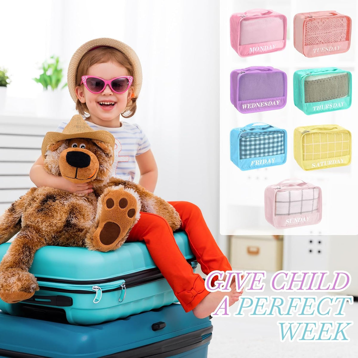 15 Pcs Day of Week Packing Cubes Travel Kids, 12x9x5inch, Macaron