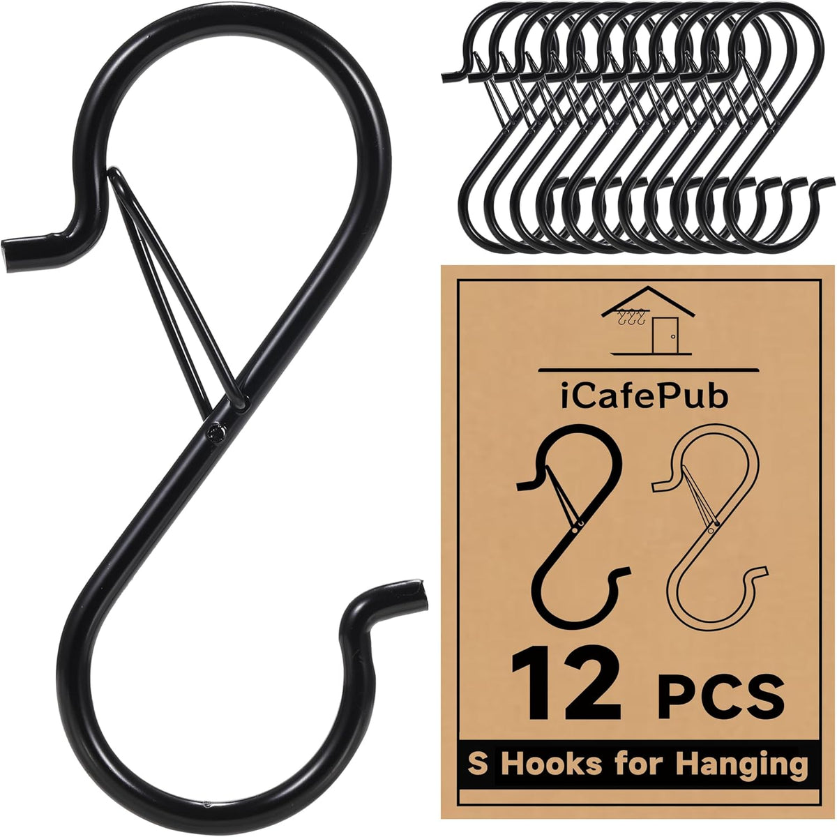 12 PCS S Hooks for Hanging with Safety Buckle, Heavy Duty Metal S Hooks