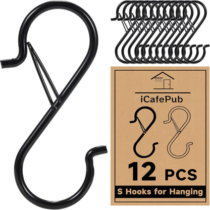 12 PCS S Hooks for Hanging with Safety Buckle, Heavy Duty Metal S Hooks