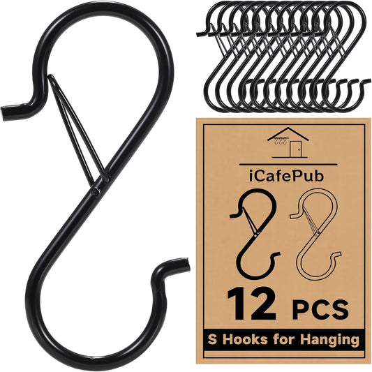 12 PCS S Hooks for Hanging with Safety Buckle, Heavy Duty Metal S Hooks