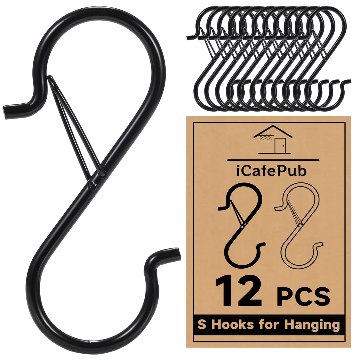 12 PCS S Hooks for Hanging with Safety Buckle, Heavy Duty Metal S Hooks