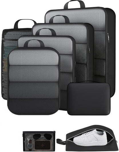 Veken 9/11 Set Compression Packing Cubes for Cruise Travel Essentials,Compressible Expandable Luggage Suitcase Organizer Bags for Clothing,Space Saver Bags with Over 1000 pcs of Mesh Holes(Beige)