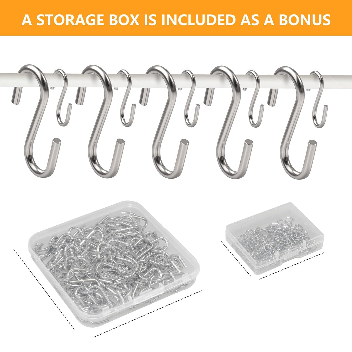 100 Pack 1/2 Inch Mini S Hooks Silver Stainless Steel — Tiny S Shaped Hooks for Jewelry Display, Christmas Ornaments, Crafts & DIY, Plastic Storage Box