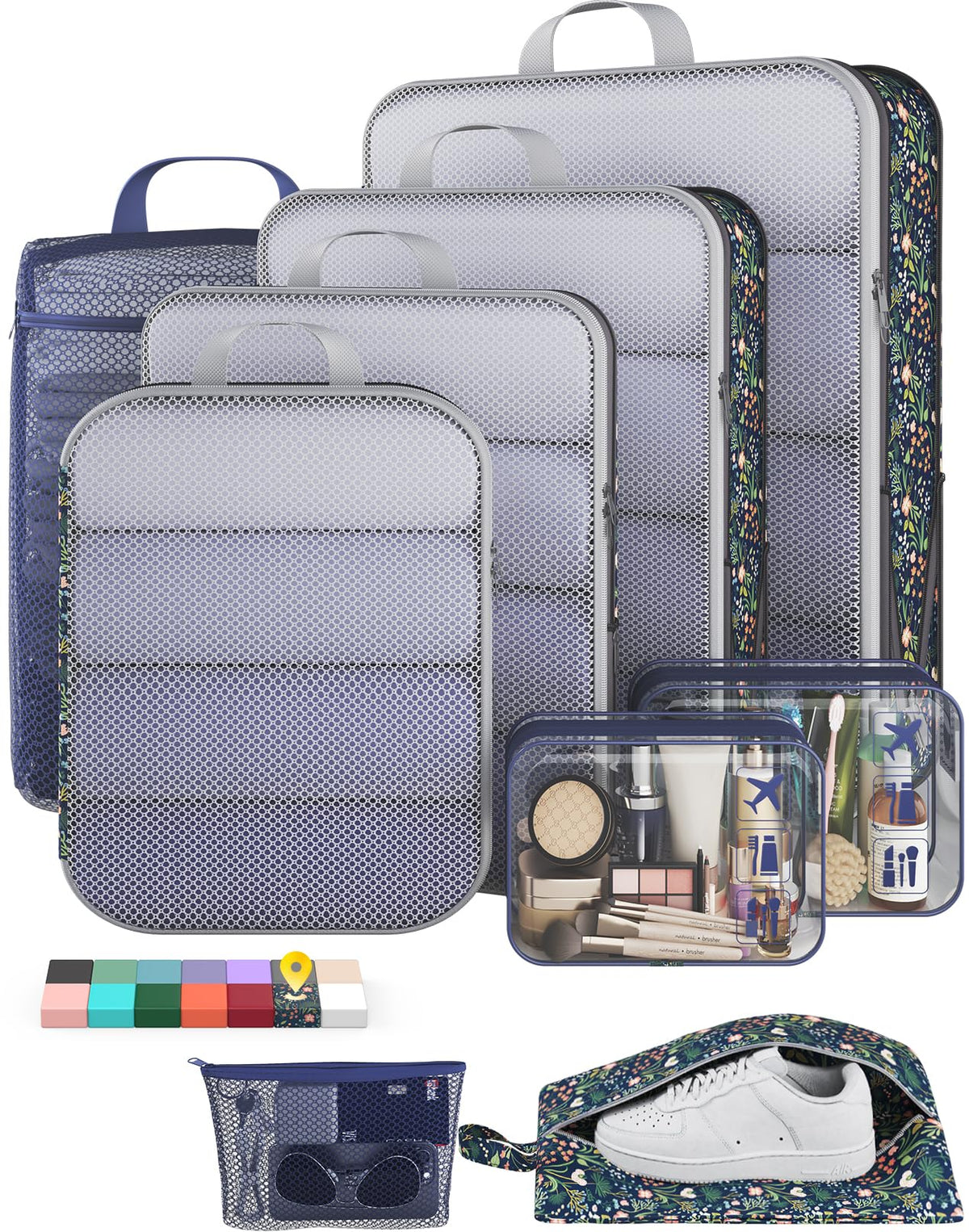 Veken 9/11 Set Compression Packing Cubes for Cruise Travel Essentials,Compressible Expandable Luggage Suitcase Organizer Bags for Clothing,Space Saver Bags with Over 1000 pcs of Mesh Holes(Beige)