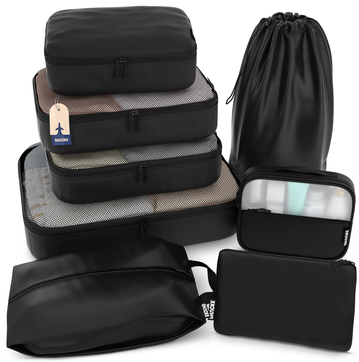 Shacke 5 Set Packing Cubes for Travel with Laundry Bag (Pure Black)