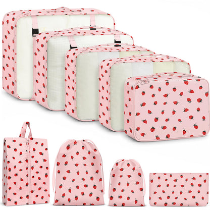 9 Set Packing Cubes for Travel Essentials - Lightweight Carry-On Luggage Organizer Bags with Shoe, Clothes & Laundry Bags for Airplane, Family & Business Travel, Pink leopard print