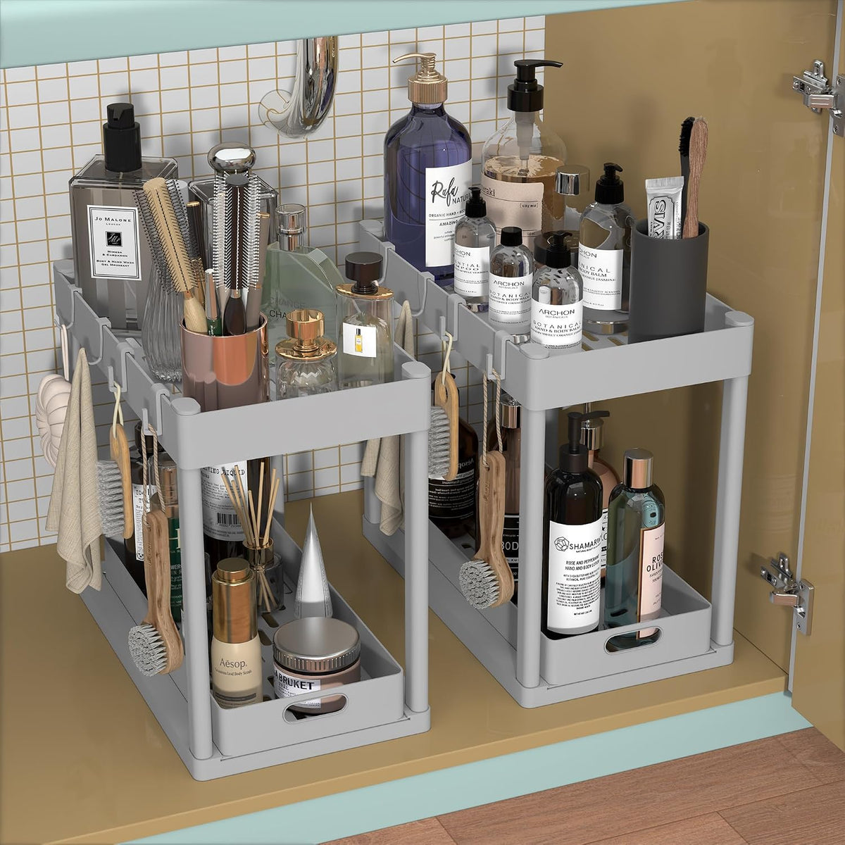 2PC Under Sink Organizer Rack 2 Tier Under Sliding Cabinet Basket Organizer Drawer with 4 Hooks, Multi-purpose Under Sink Storage for Bathroom Kitchen Desktop（Grey）