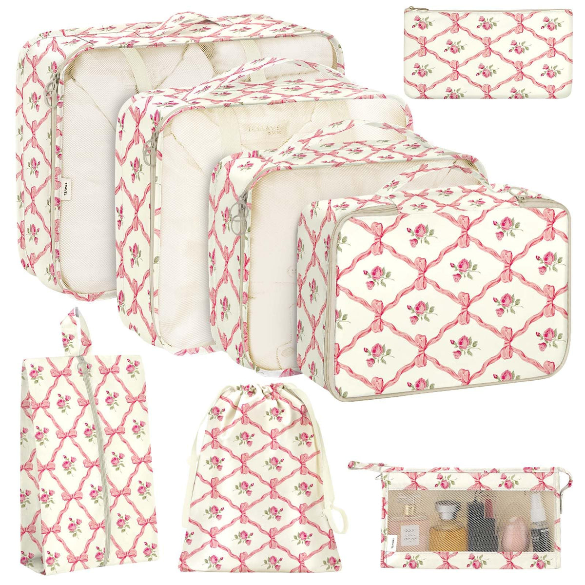 KPX 8 Set Packing Cubes for Travel, Luggage Packing Organizers Accessories Large Toiletries Bag for Clothes Shoes Cosmetics (8Set-Pink Bow)