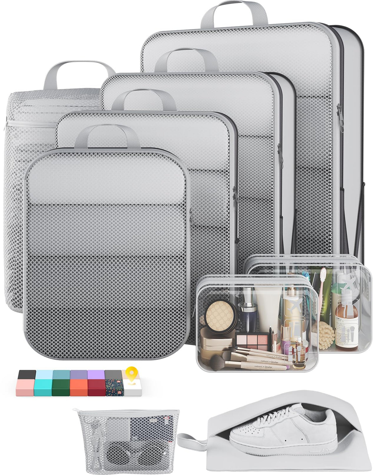 Veken 9/11 Set Compression Packing Cubes for Cruise Travel Essentials,Compressible Expandable Luggage Suitcase Organizer Bags for Clothing,Space Saver Bags with Over 1000 pcs of Mesh Holes(Beige)
