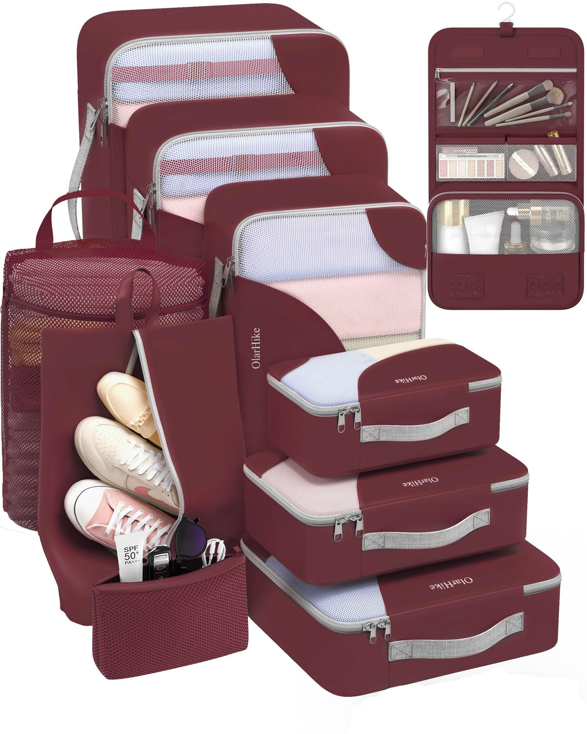 10 Set Packing Cubes for Travel, Gifts for Women Mom,Anti-Tearing Suitcase Organizer for Luggage with Shoe & Hanging Toiletry Bag,OlarHike Vacation Essentials & Accessories for Cruise Ship