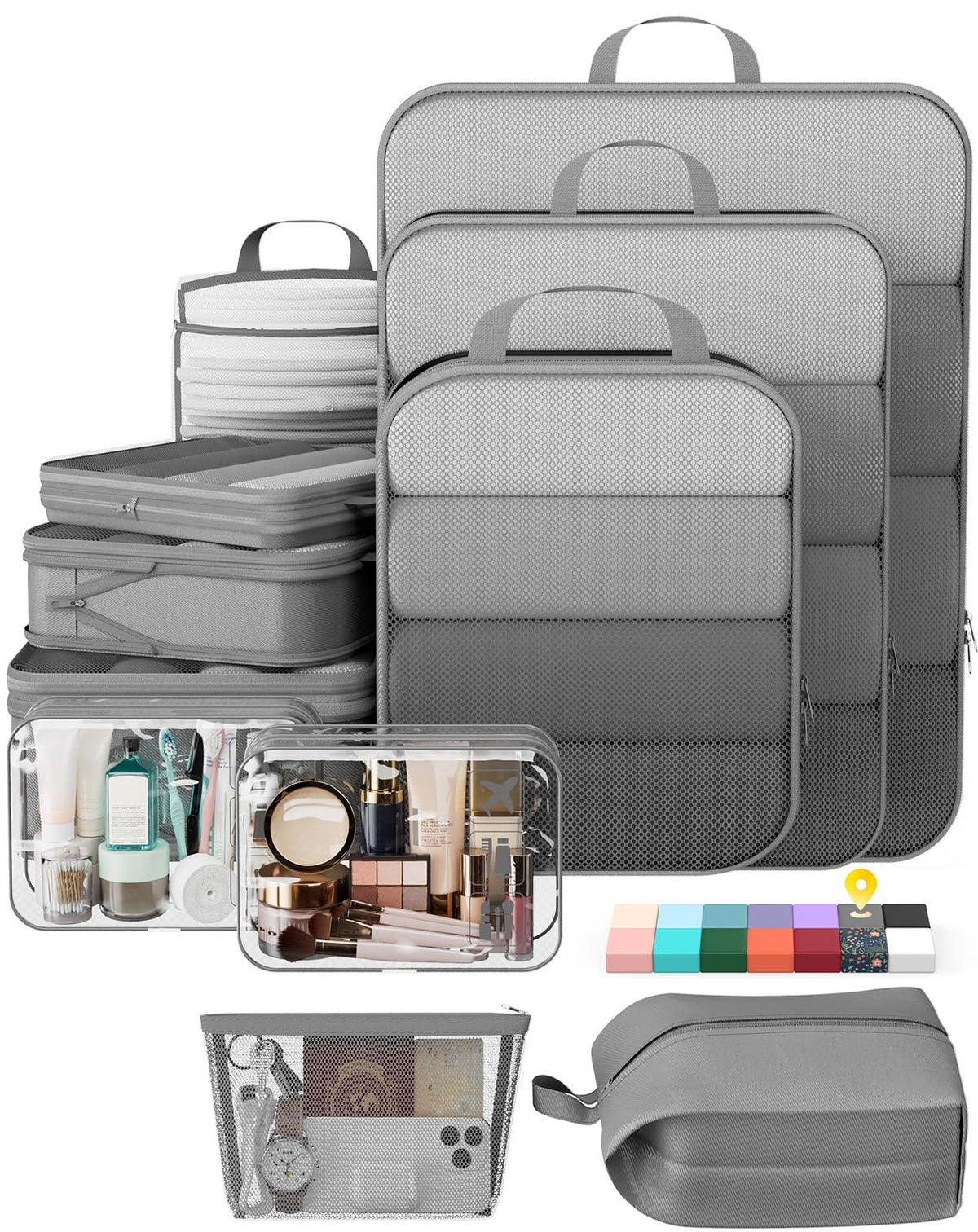Veken 9/11 Set Compression Packing Cubes for Cruise Travel Essentials,Compressible Expandable Luggage Suitcase Organizer Bags for Clothing,Space Saver Bags with Over 1000 pcs of Mesh Holes(Beige)