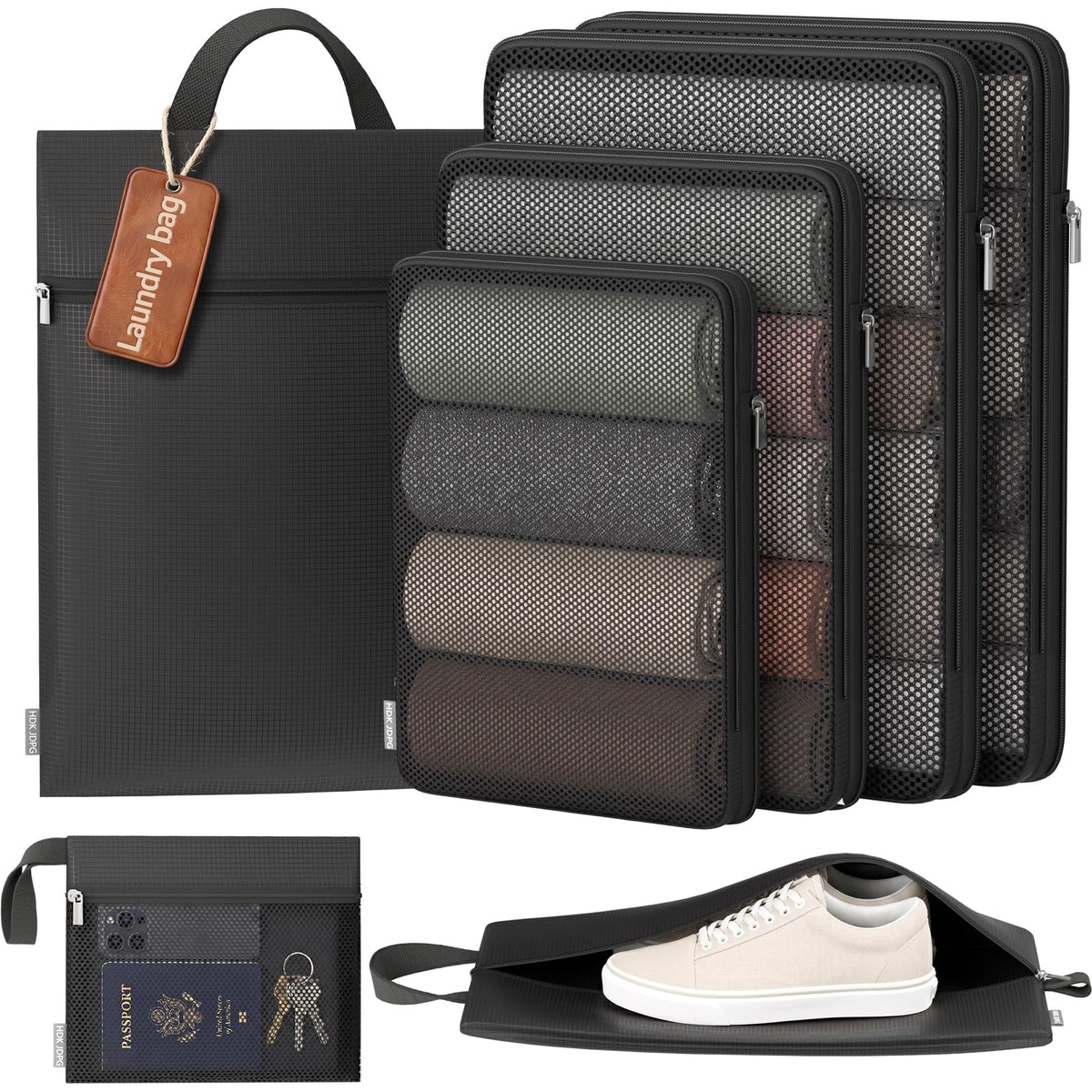 7 Set Compression Packing Cubes for Travel Essentials Luggage, Mesh Collapsible Packing Cubes for 20-22 inch Carry on Suitcase, Expandable Travel Packing Organizers with Shoe Laundry Bag(Black）