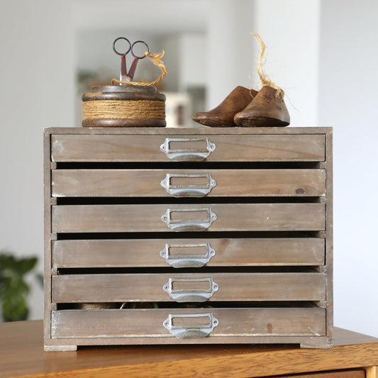 Vintage Wooden Desk Organizer Cabinet with 6 Drawers - Rustic Farmhouse Distressed Decor - Home Office Desktop Storage Box for Jewelry, Craft Paper, Small Tool & More (Log Color)