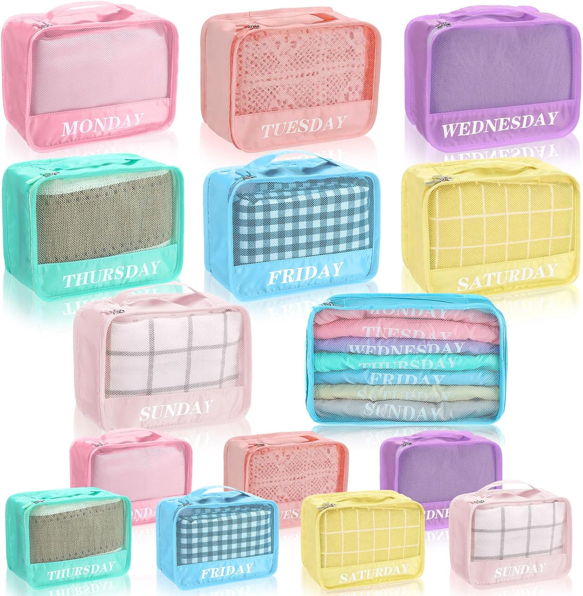 15 Pcs Day of Week Packing Cubes Travel Kids, 12x9x5inch, Macaron