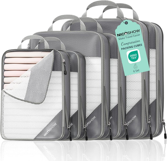 NICOSHOW 6 Set Compression Packing Cubes for Travel - Compressible, Lightweight, and Space-Saving Packing Cubes, Travel Essentials for Women, Grey
