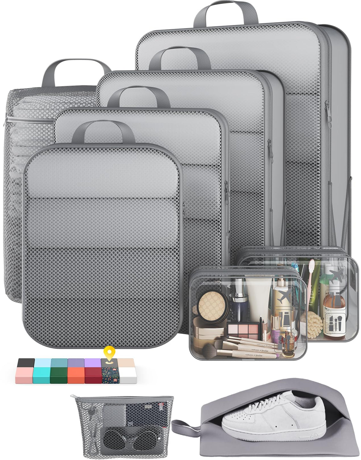 Veken 9/11 Set Compression Packing Cubes for Cruise Travel Essentials,Compressible Expandable Luggage Suitcase Organizer Bags for Clothing,Space Saver Bags with Over 1000 pcs of Mesh Holes(Beige)