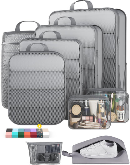 Veken 9/11 Set Compression Packing Cubes for Cruise Travel Essentials,Compressible Expandable Luggage Suitcase Organizer Bags for Clothing,Space Saver Bags with Over 1000 pcs of Mesh Holes(Beige)
